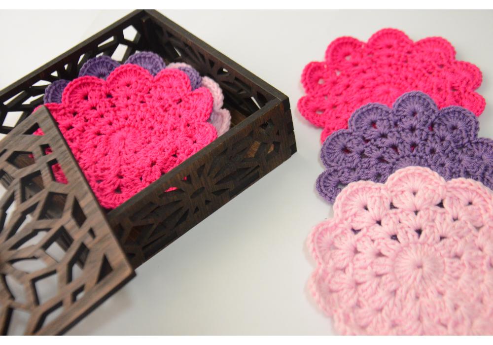 Crochet Coaster Set of 6 Pieces with High Quality  wooden Box |Item No. 002